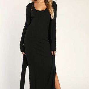 Layer Lover BLACK Ribbed Knit Two-Piece Dress & Cardigan Set